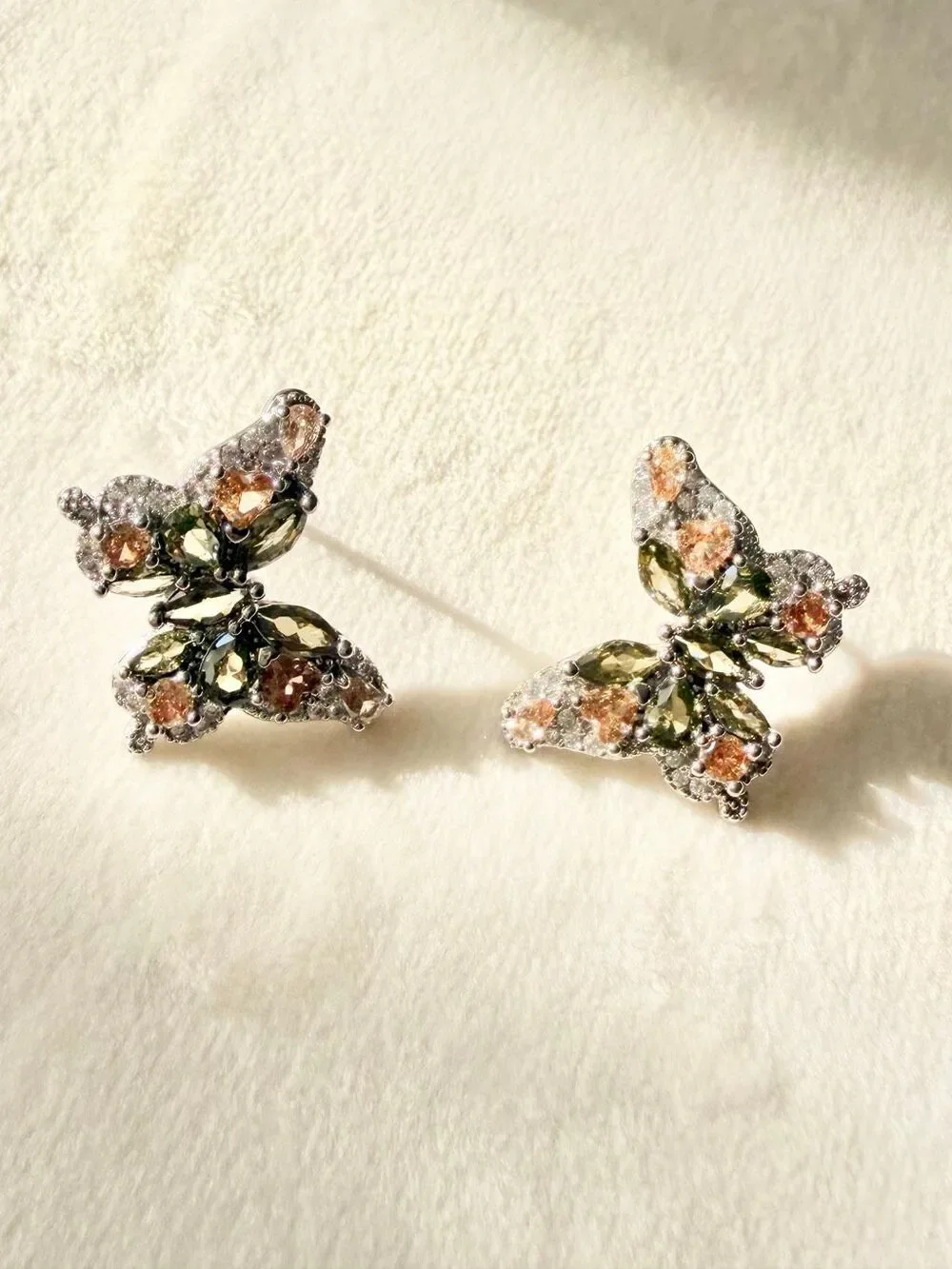 Cubic Zirconia Butterfly Stud Earrings Champagne Green Crystal